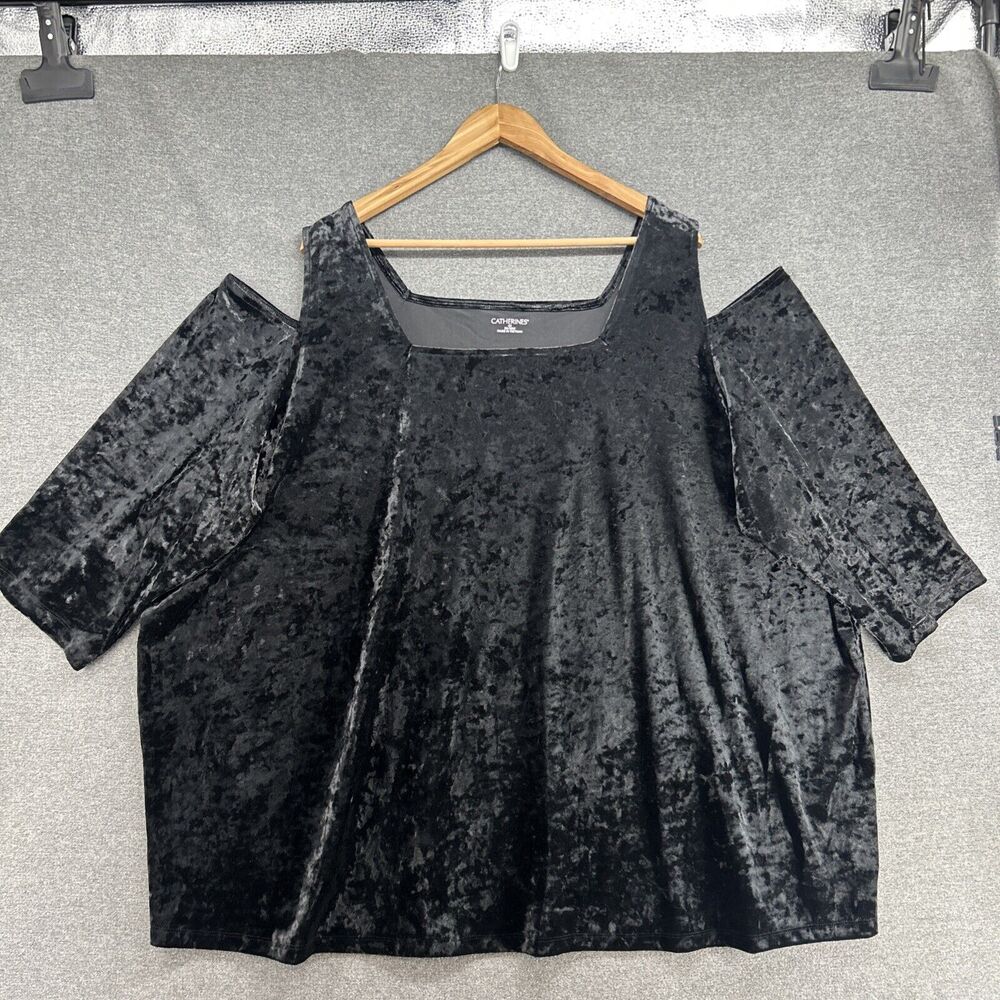 Catherines Shirt Womens Plus 4X Black Crushed Velvet Cold Shoulder Short Sleeve
